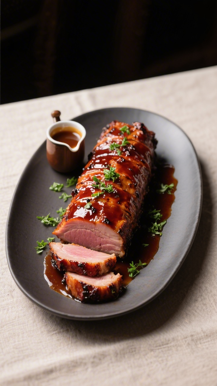 Final dish presentation: Restaurant-quality plating of whole honey BBQ pork tenderloin just after re