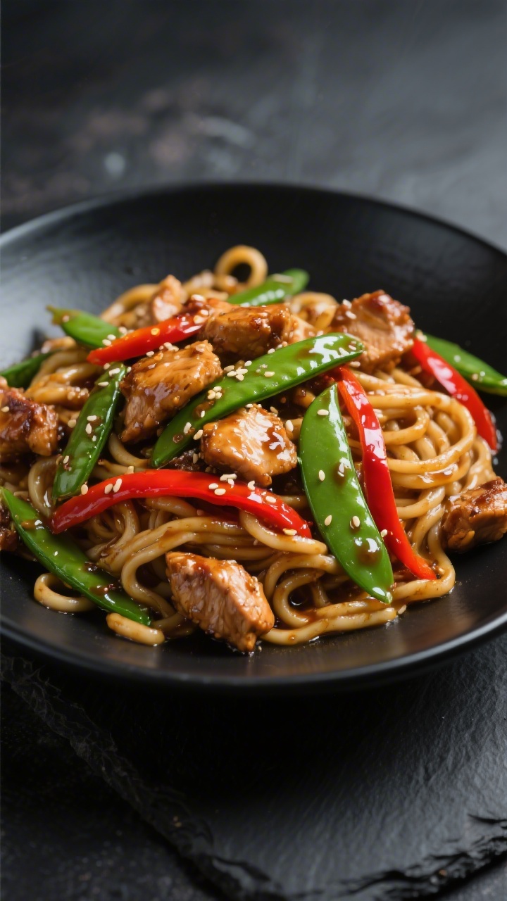 Final dish presentation: Restaurant-quality plating of tamari chicken stir-fry tossed with chewy udo
