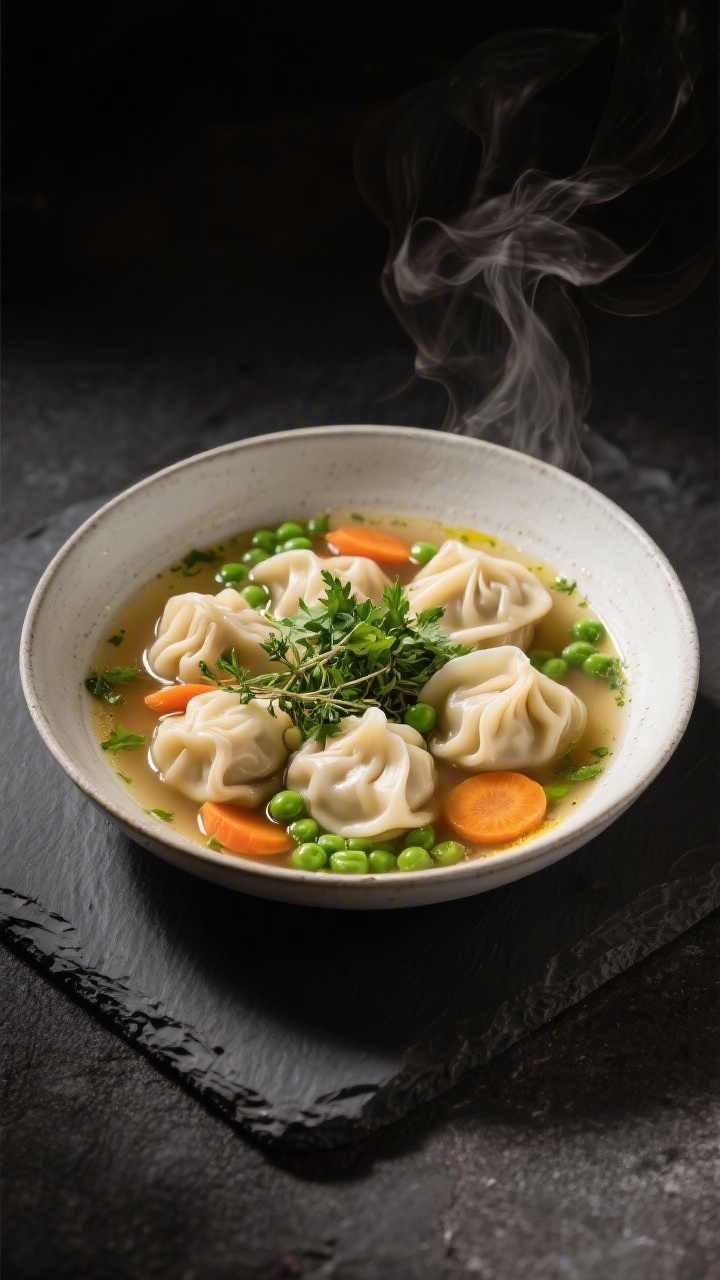 Final dish presentation: Restaurant-quality plating of Vegan Dumpling Soup in a shallow, wide bowl;