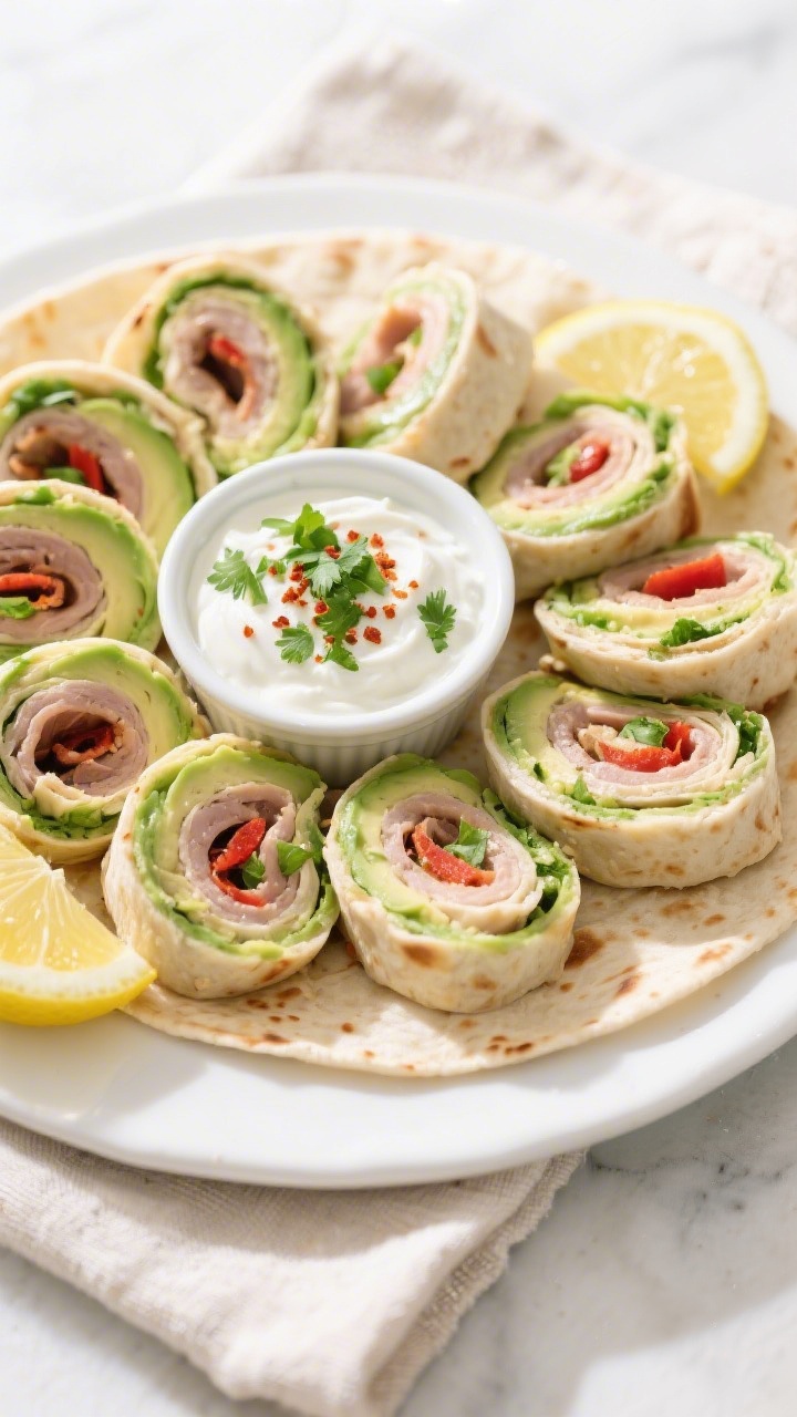 Final dish presentation: restaurant-quality platter of turkey avocado pinwheels chilled and sliced i