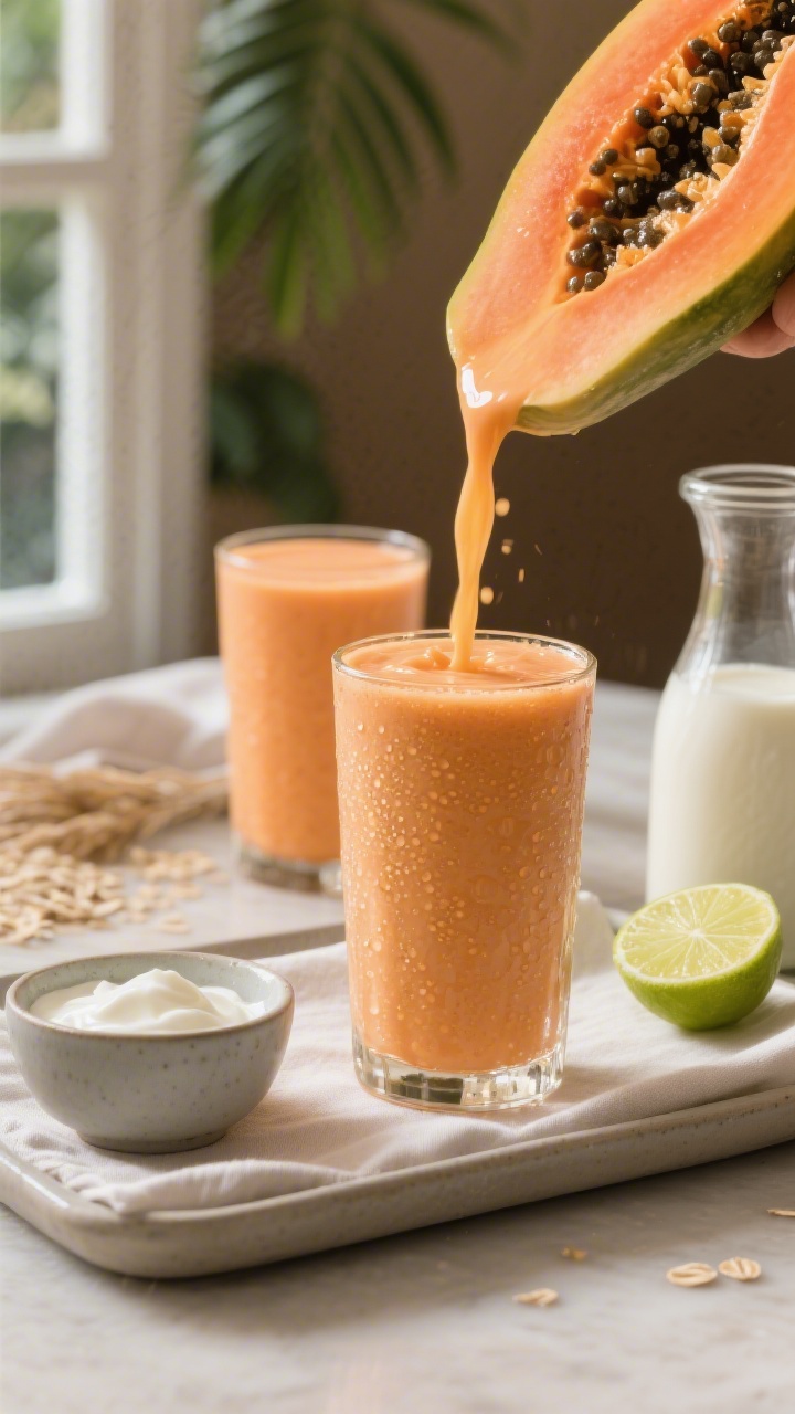 Final dish presentation: Restaurant-quality pour scene showing the finished papaya honey smoothie ca