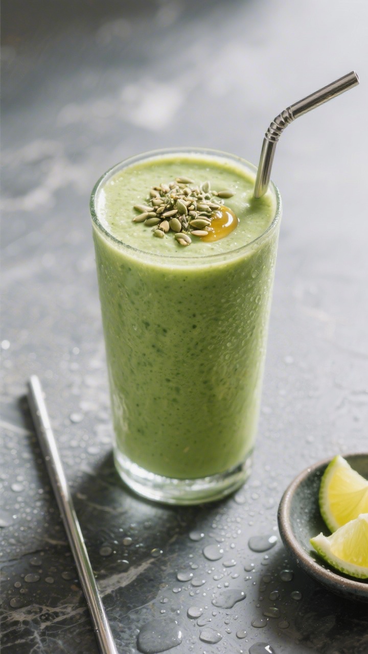 Final dish presentation: Restaurant-quality scene of the Avocado Spinach Smoothie styled as a post-w