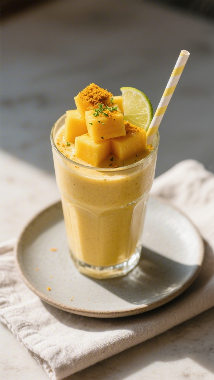 Final dish presentation: Restaurant-quality serve of Mango Ginger Smoothie in a tall, clear highball