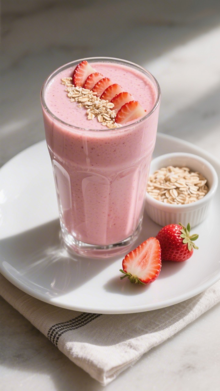 Final dish presentation: Restaurant-quality serving of the Strawberry Oatmeal Smoothie in a chilled,