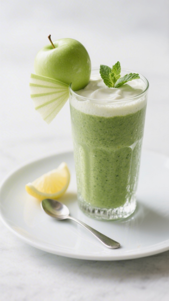 Final dish presentation: Restaurant-quality serving of the Green Apple Spinach Smoothie in a tall, f