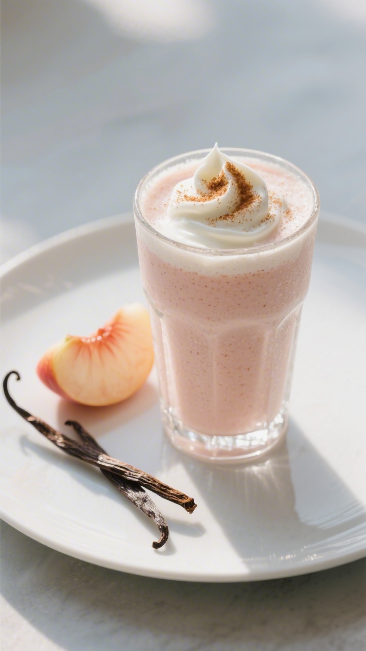 Final dish presentation: Restaurant-quality single serving of the peach yogurt smoothie in a clear,