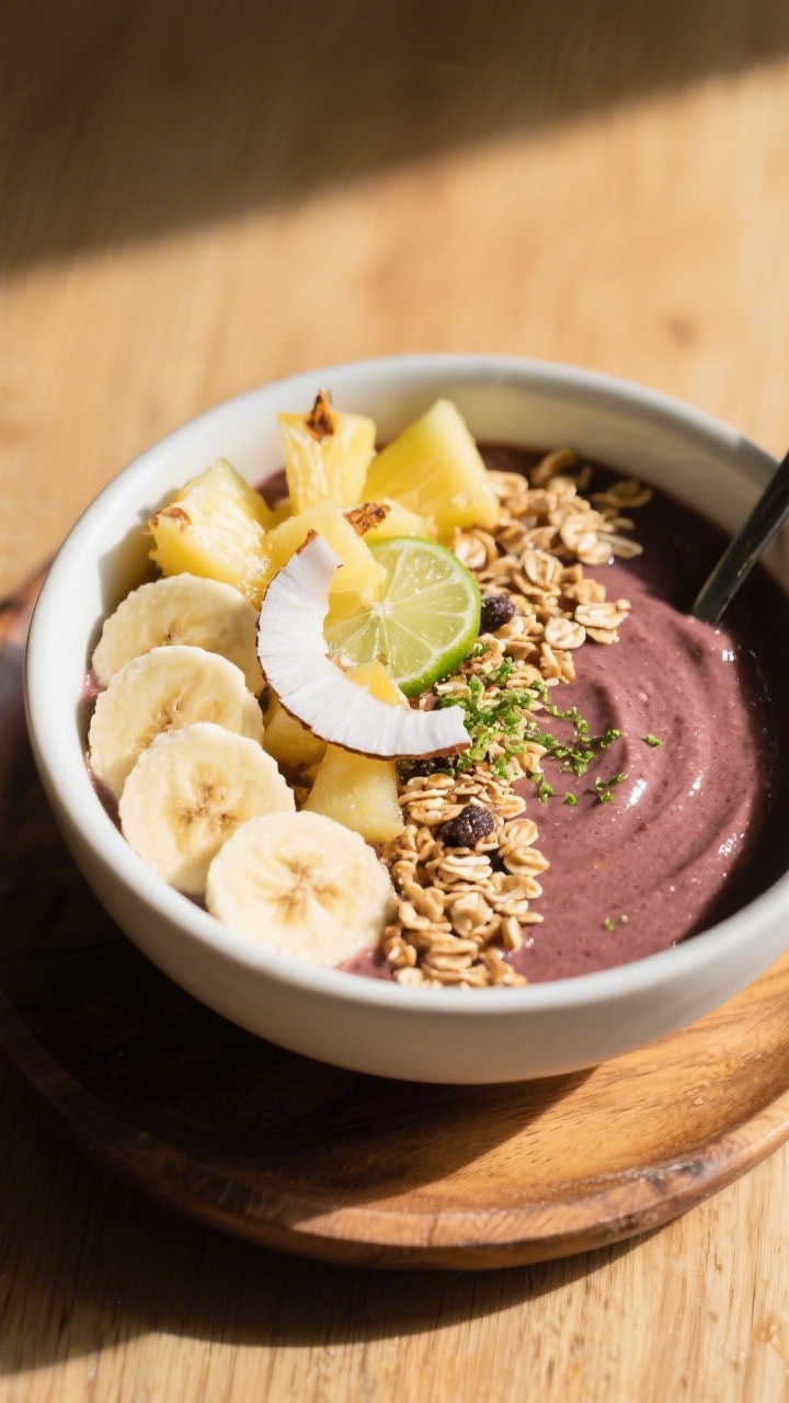 Final dish presentation: Restaurant-quality smoothie bowl version, very thick and spoonable, poured