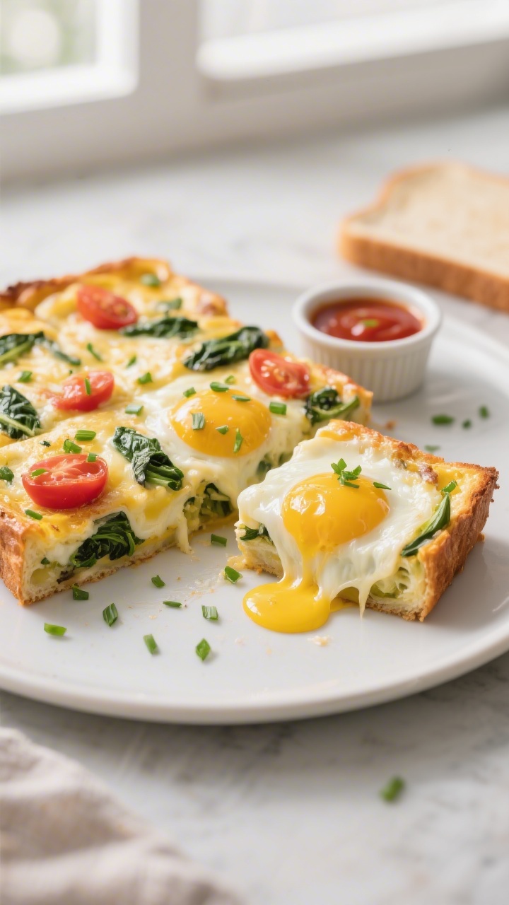 Final dish presentation: Sliced sheet pan veggie egg bake served on a matte white platter—neat squ