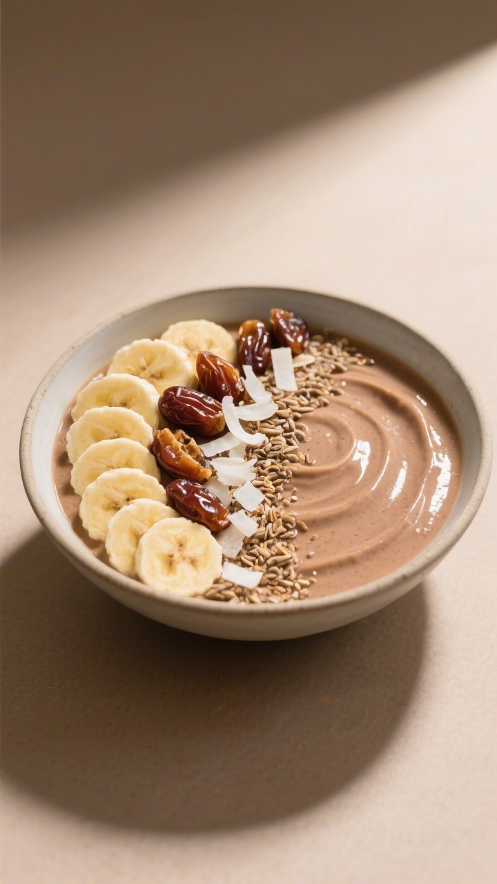Final dish presentation: Smoothie bowl variation—lusciously thick Banana Date Smoothie spread in a