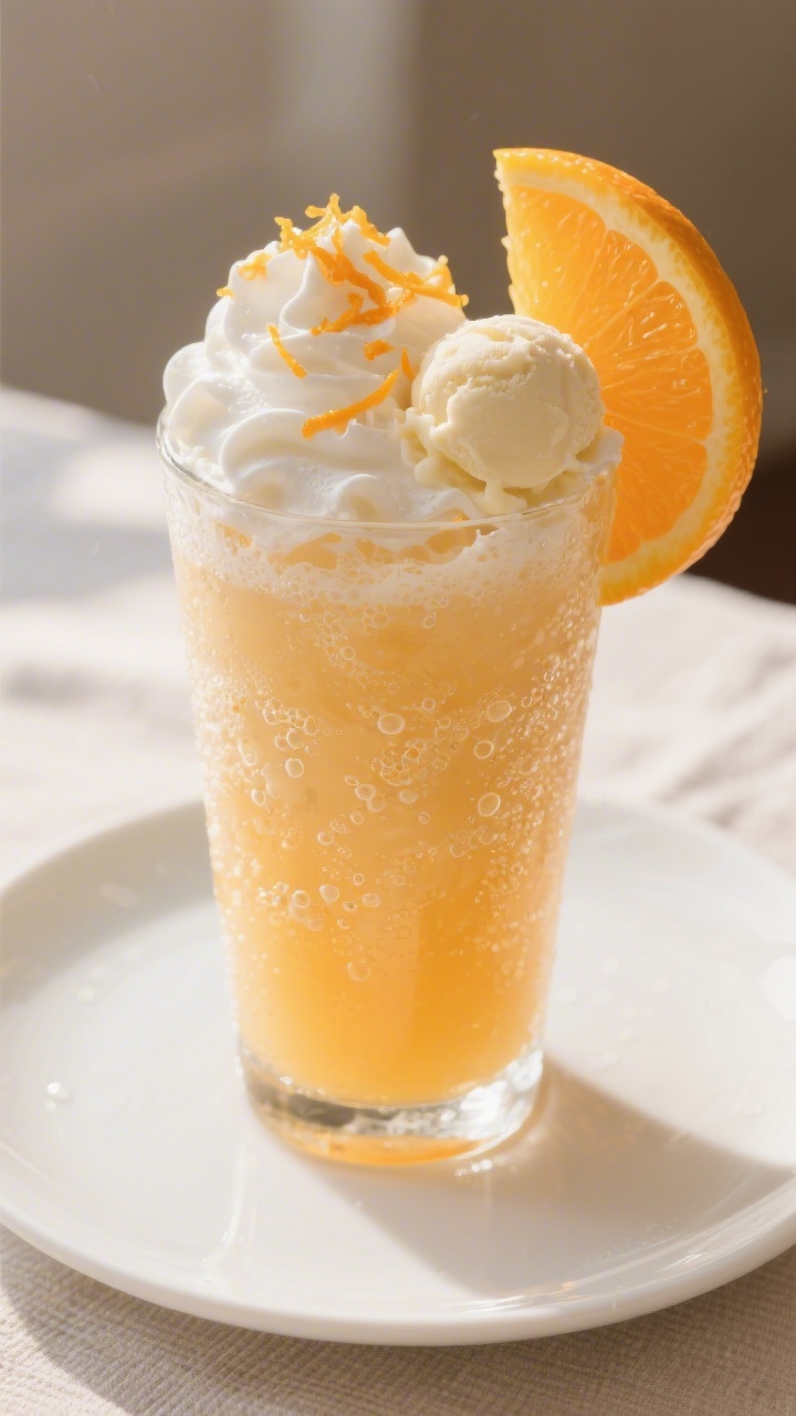 Final dish presentation: Tall chilled glass of Frozen Orange Cream Soda just poured, crowned with a