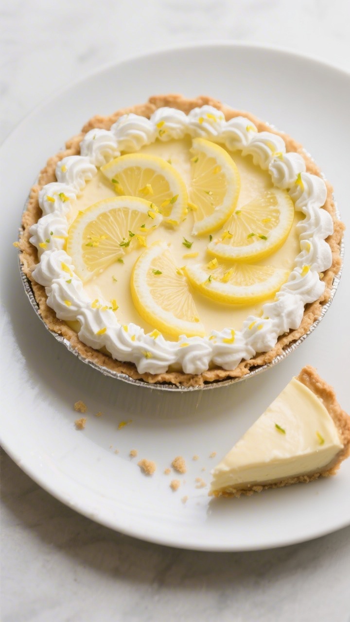 Final dish presentation: Tasty top view of the fully set lemon icebox pie in its dish, surface smoot