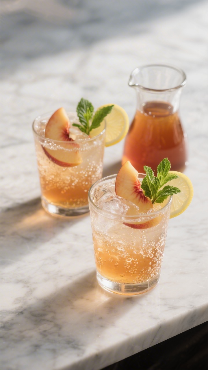 Final dish presentation: Two elegantly plated glasses of peach iced tea for serving a crowd—tea ba