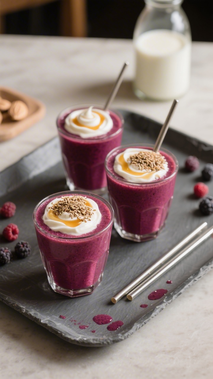 Final dish presentation: Two smoothie glasses styled café-quality on a matte slate tray, garnished