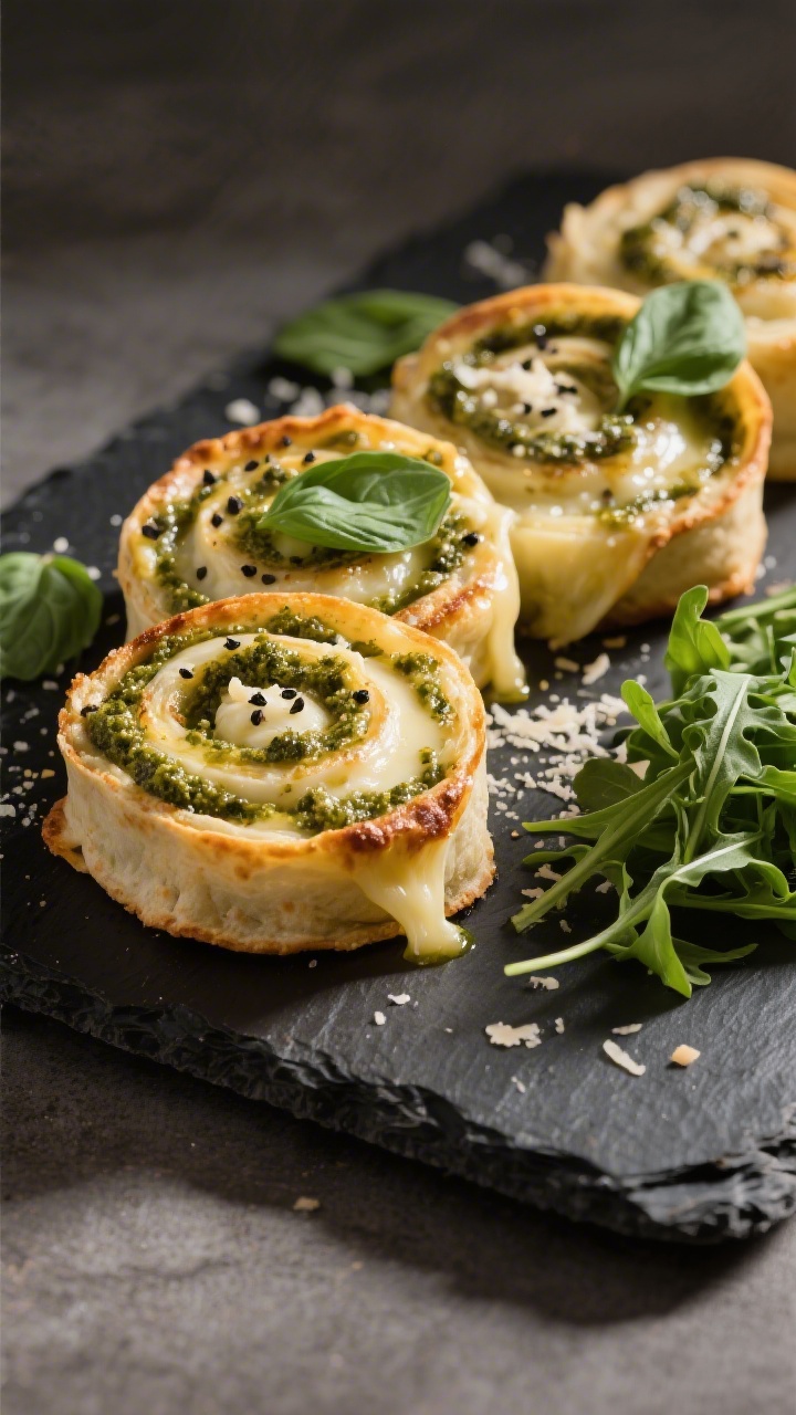 Final dish presentation (warm option): Golden-edged baked pinwheels on a dark slate board, cut-side