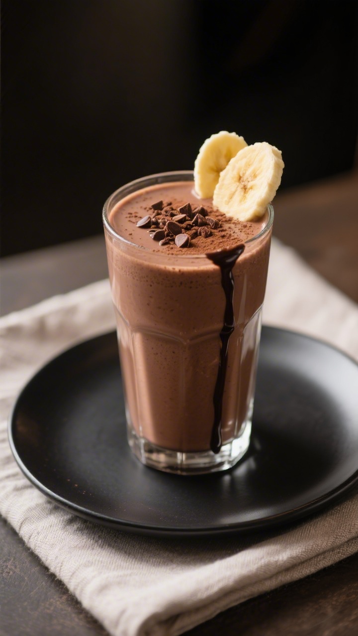 Final dish, restaurant-quality presentation: Chocolate Banana Smoothie poured into a chilled clear g