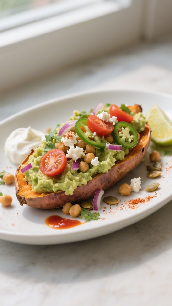 Final dish — stuffed and garnished: Beautifully plated Smashed Chickpea and Avocado Stuffed Sweet