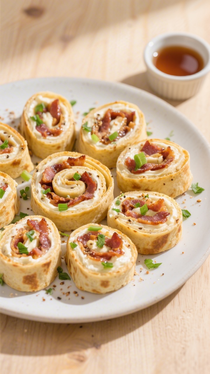 Final dish, tasty top view: Overhead shot of a platter of Maple Bacon Cream Cheese Pinwheels arrange