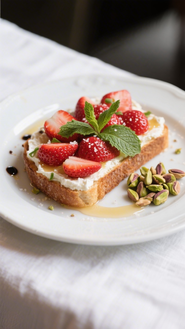 Final dish, top-down: Finished Quick Ricotta Toast with Strawberries and Mint on a white ceramic pla