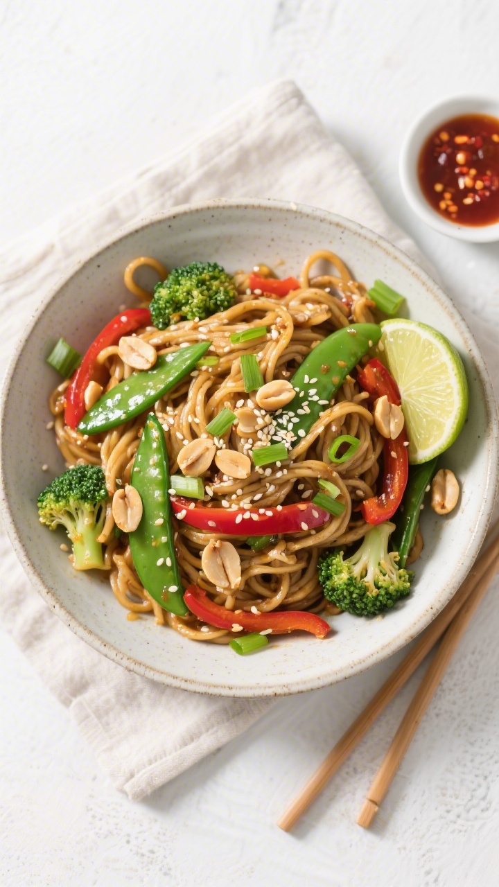 Final dish, top view: Overhead shot of 15-Min Peanut Noodle Stir-Fry beautifully plated in a wide, s