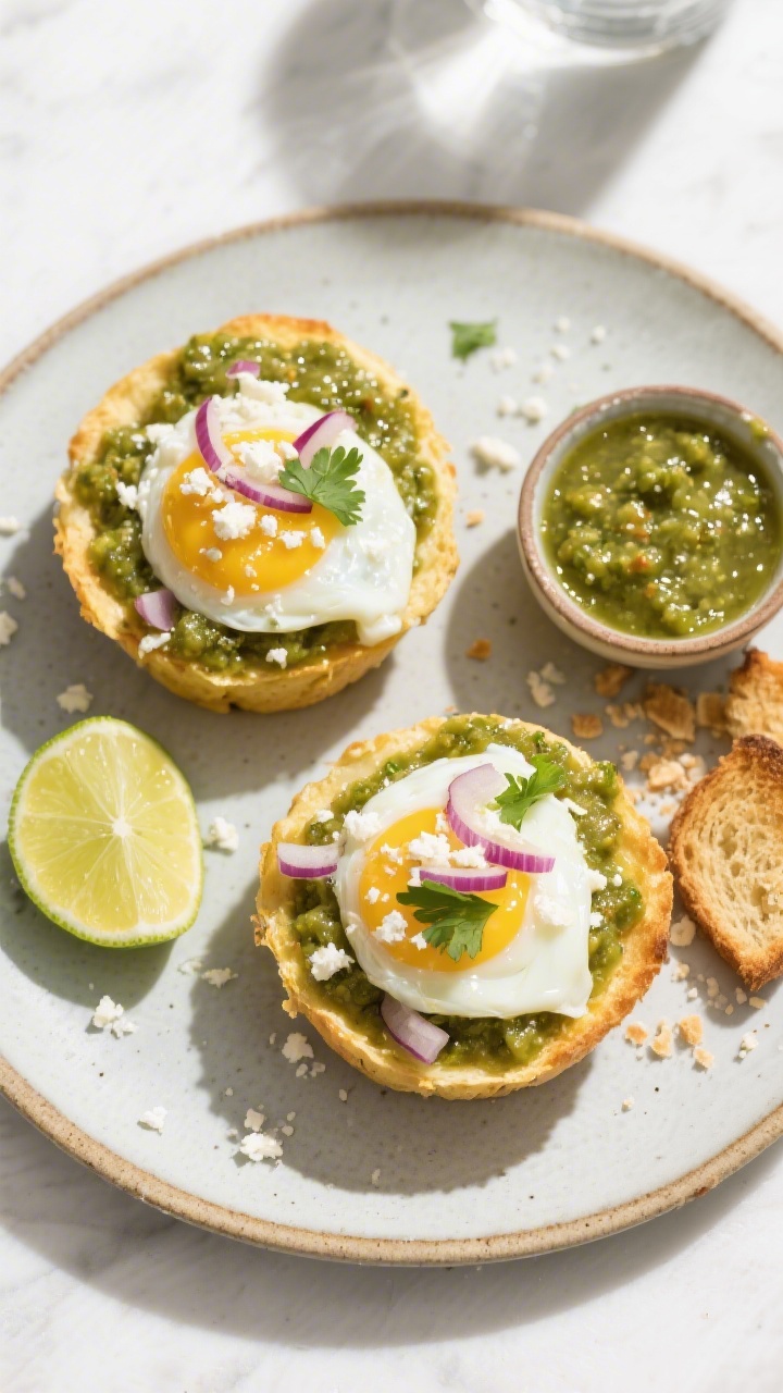 Final dish top-view: Overhead shot of Salsa Verde Eggs Benedict, two portions on a wide ceramic plat