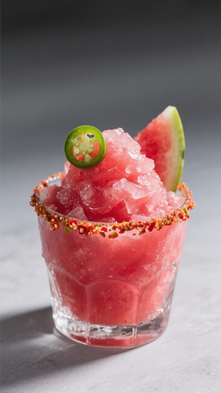 Final dish variation: Restaurant-quality presentation of a Spicy Watermelon Slushie in a rocks glass