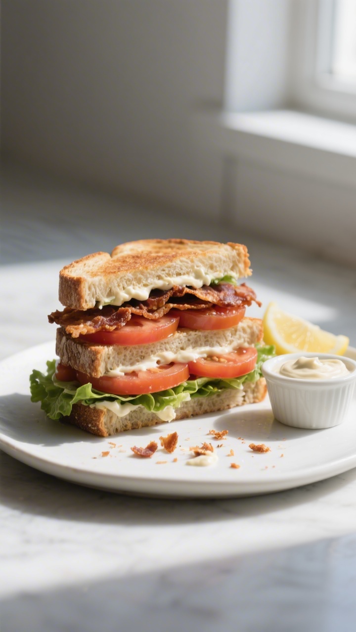 Final dish: Vegan BLT sandwich sliced on the bias and slightly pressed, stacked high with romaine, t