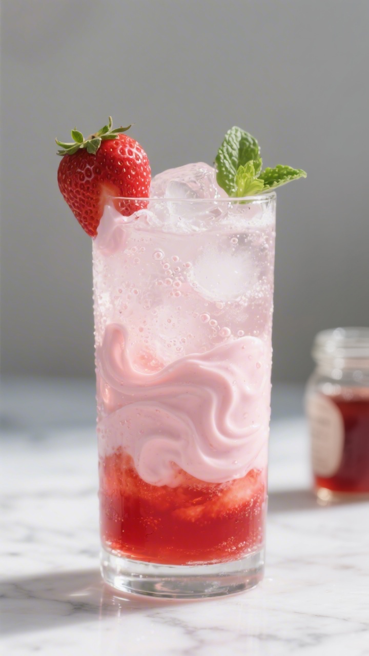 Final drink beauty shot: A tall Collins glass of strawberry cream soda on a white marble surface, cl