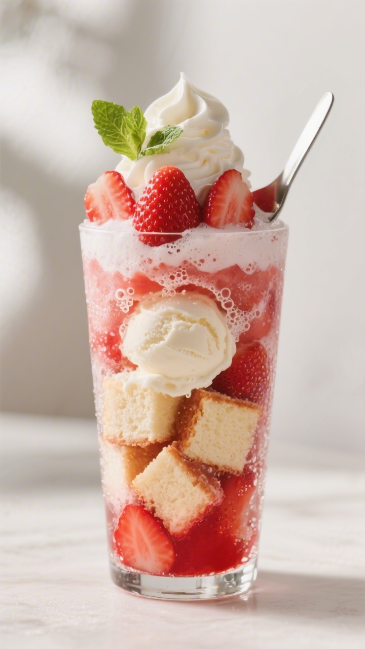 Final hero float: A tall, frosty glass strawberry shortcake float fully assembled—cake cubes at th