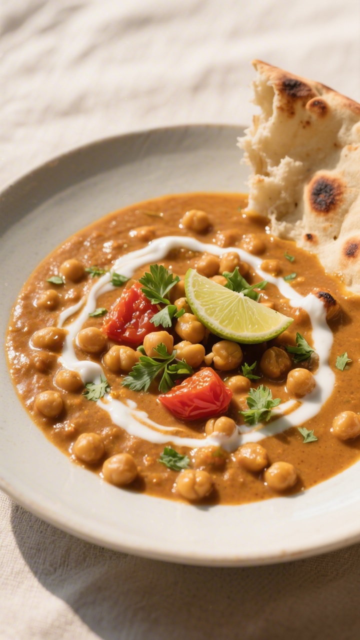 Final plated beauty: Restaurant-quality presentation of coconut chickpea curry in a low, wide plate,