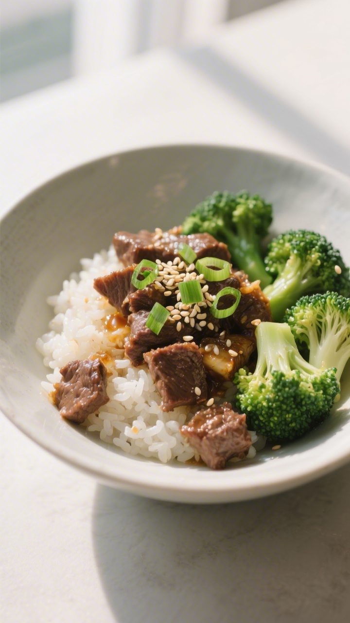 Final plated beauty shot: Three-quarter angle close-up of a single rice bowl showcasing texture—pe