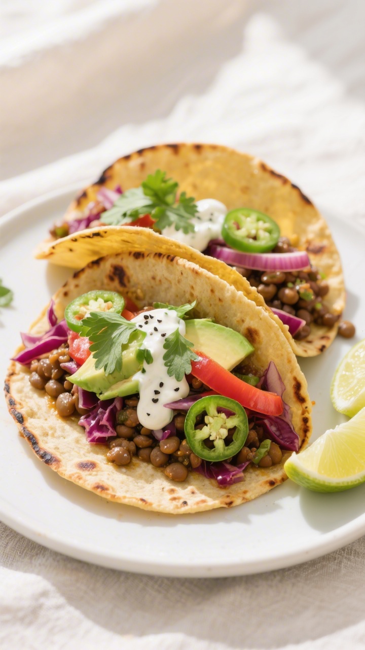 Final plated beauty shot: Two cilantro-lime lentil tacos on a matte white plate, warm charred corn t