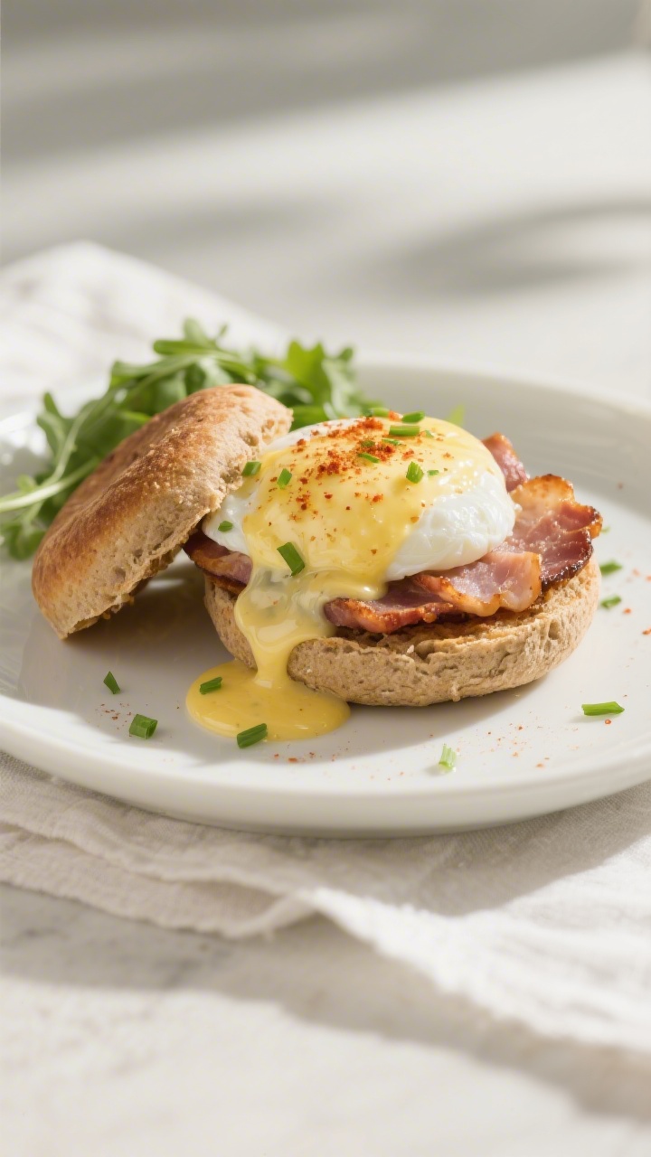 Final plated beauty shot: Whole Wheat English Muffin Eggs Benedict on a matte white plate—deeply t