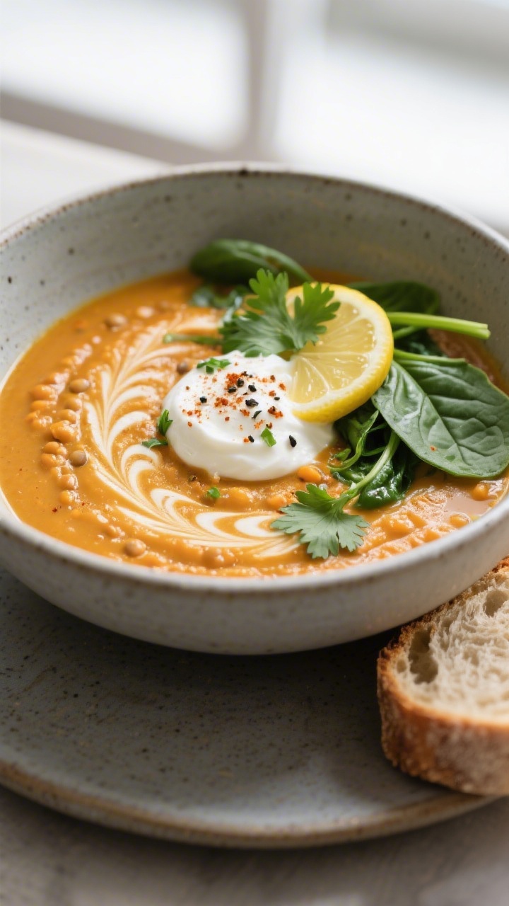 Final plated bowl, 3/4 angle: A deep ceramic bowl of Lentil Sweet Potato Soup with a perfectly cream