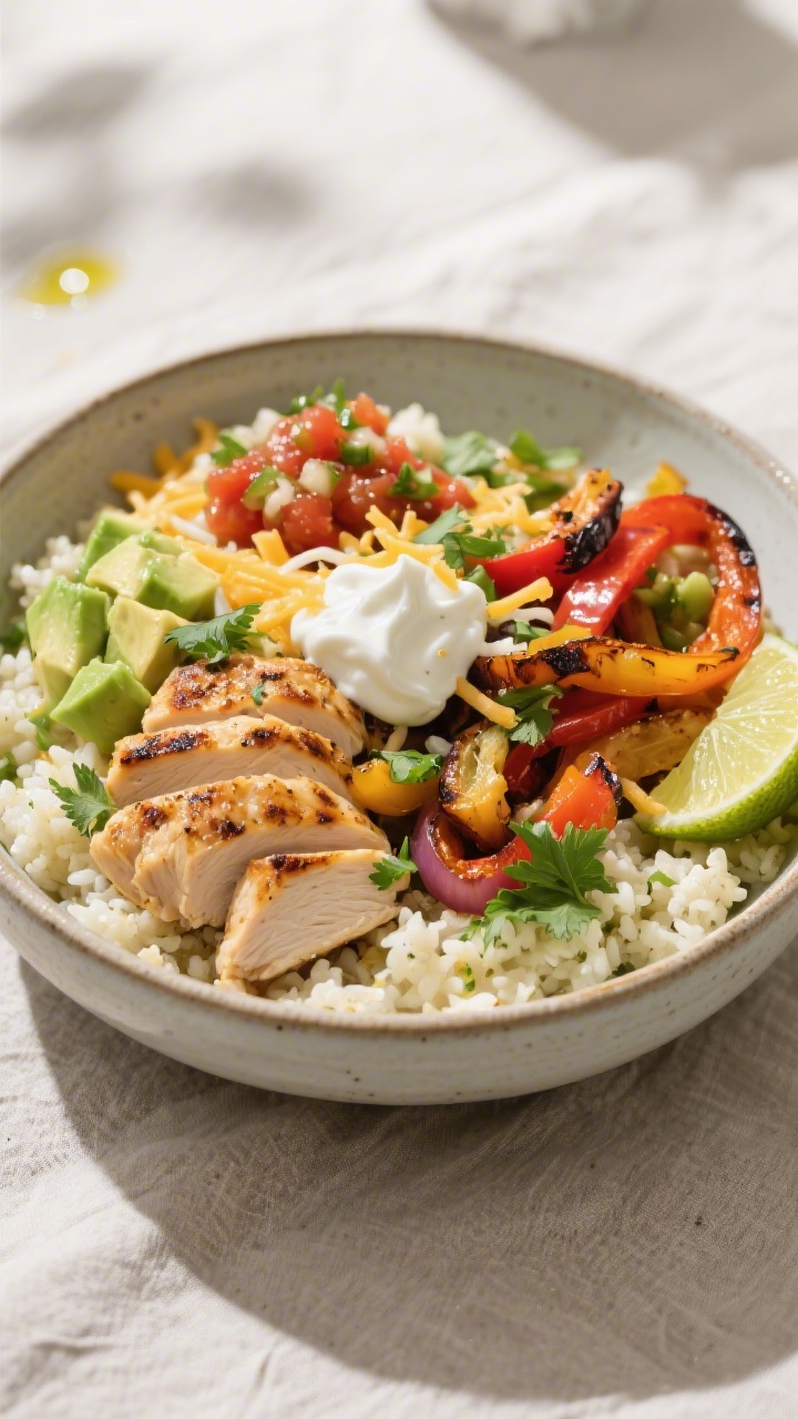 Final plated bowl beauty: Keto chicken fajita bowl artfully assembled over warm cilantro-lime caulif