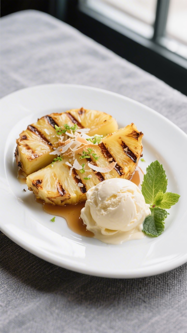 Final plated dessert, : Beautifully plated grilled pineapple spears with deep grill marks, drizzled