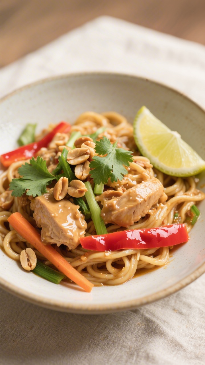 Final plated dish: Beautifully plated Thai Peanut Chicken Noodle Bowl in a wide, shallow ceramic bow