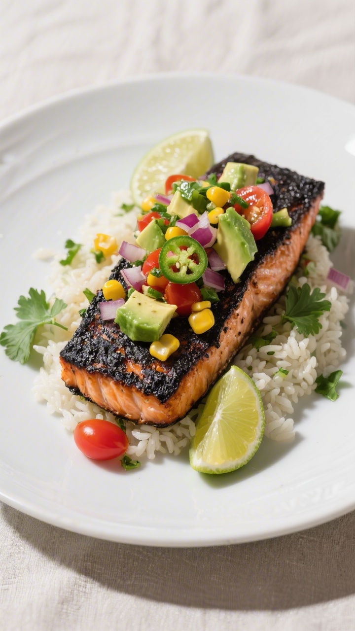 Final plated dish beauty: Blackened salmon fillet topped generously with vibrant avocado corn salsa