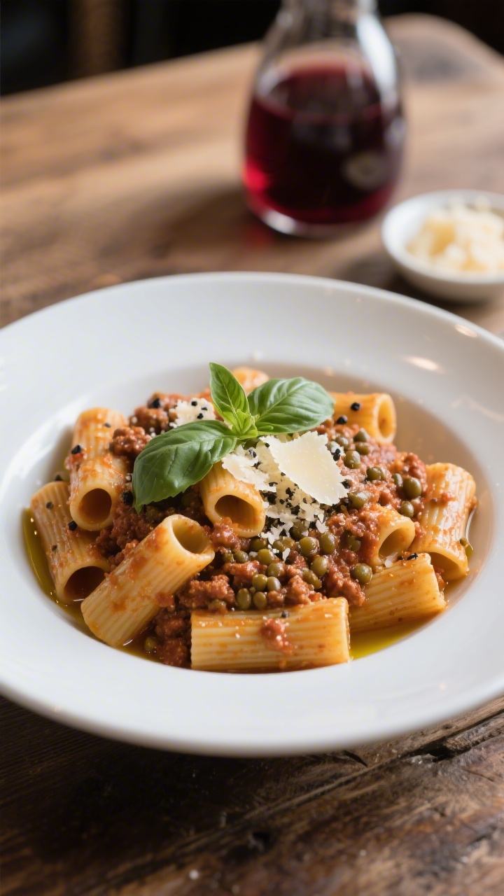Final plated dish beauty: Rigatoni tossed with rich lentil bolognese, sauce clinging inside ridges a