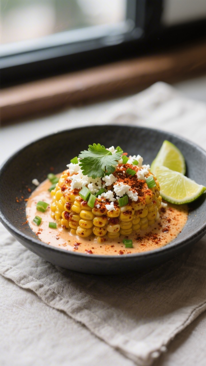 Final plated dish beauty shot: Warm esquites mounded in a matte charcoal bowl, creamy chili-lime sau