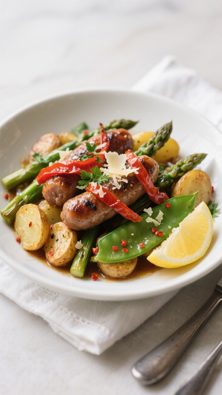 Final plated dish, bistro style: Beautifully plated One-Pan Italian Sausage with Spring Vegetables i