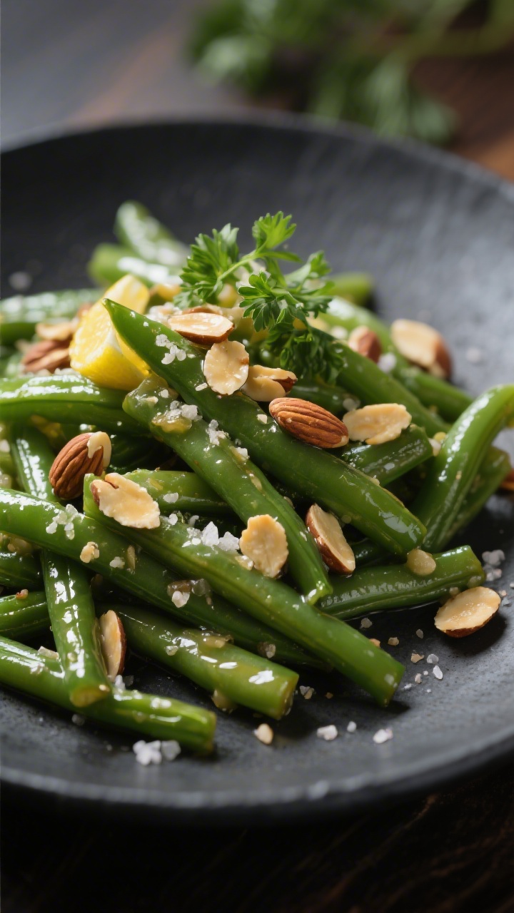 Final plated dish: Elegant restaurant presentation—Green Beans Almondine neatly piled on a matte c