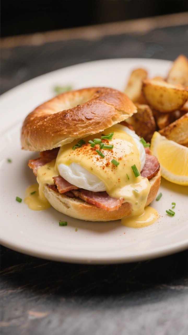 Final plated dish: Restaurant-level presentation of Bagel Eggs Benedict on a matte white plate—two
