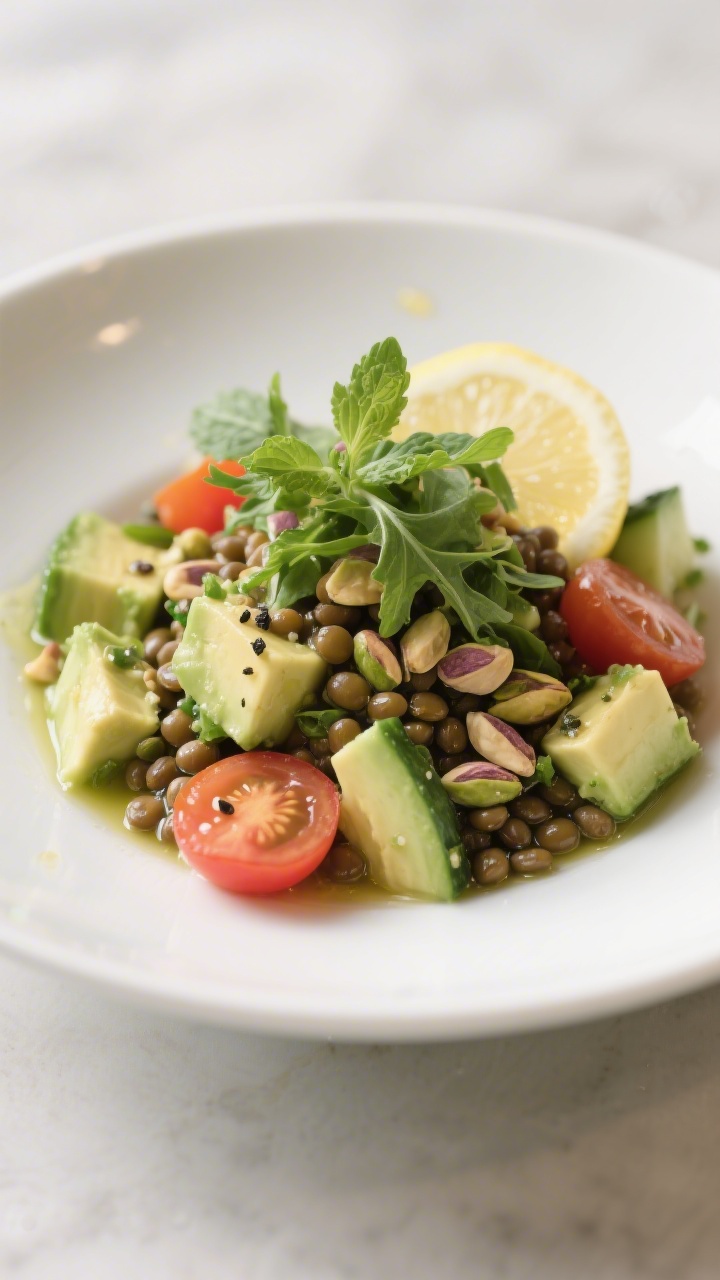 Final plated dish — Restaurant-quality Lentil Avocado Salad: beautifully plated portion in a wide,