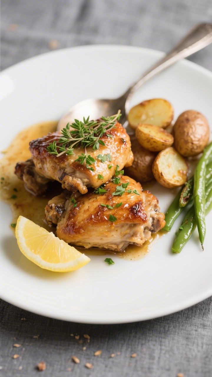 Final plated dish: Restaurant-quality presentation of Lemon Herb Roasted Chicken Thighs on a matte w