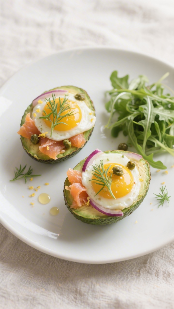 Final plated dish: Restaurant-quality presentation of two avocado egg cups “Lox Brunch” style on