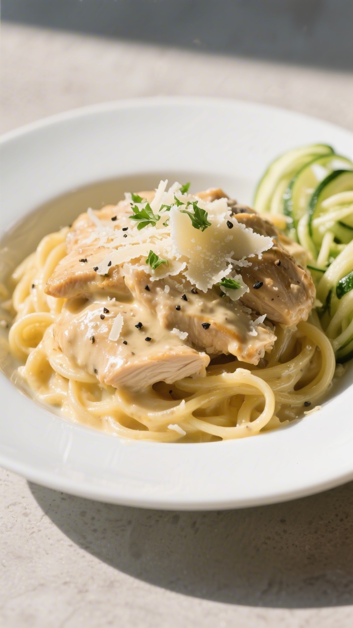 Final plated dish: Restaurant-quality presentation of Keto Creamy Carnivore Chicken Alfredo piled in