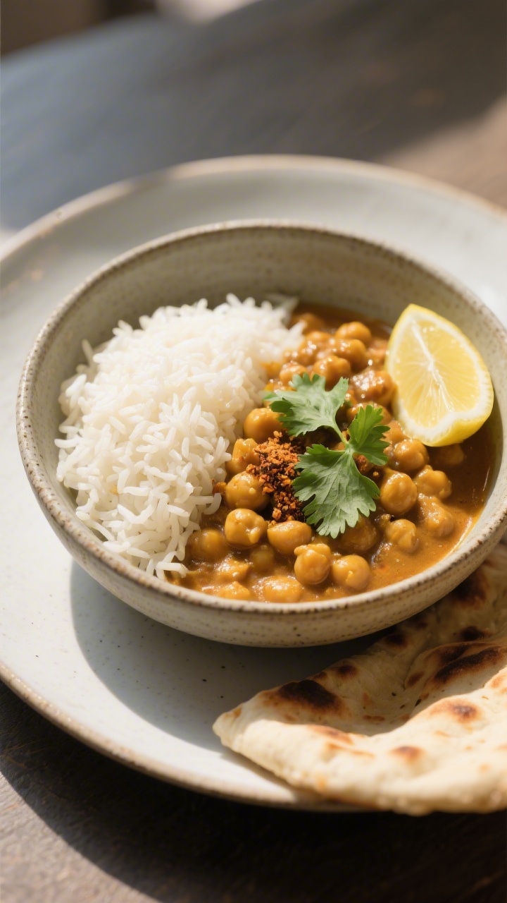 Final plated dish, restaurant style: Vegan Butter Chickpeas elegantly plated in a stoneware bowl alo