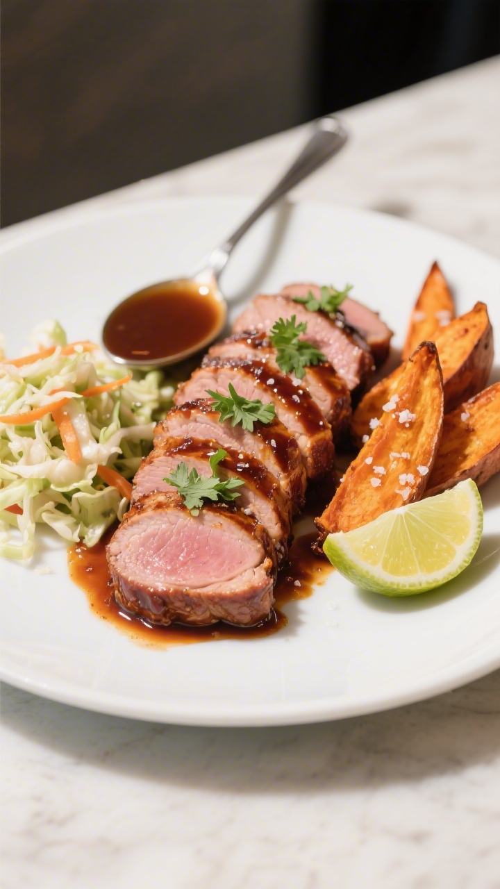Final plated dish — Sliced medallions: Beautifully plated sliced chipotle BBQ pork tenderloin meda