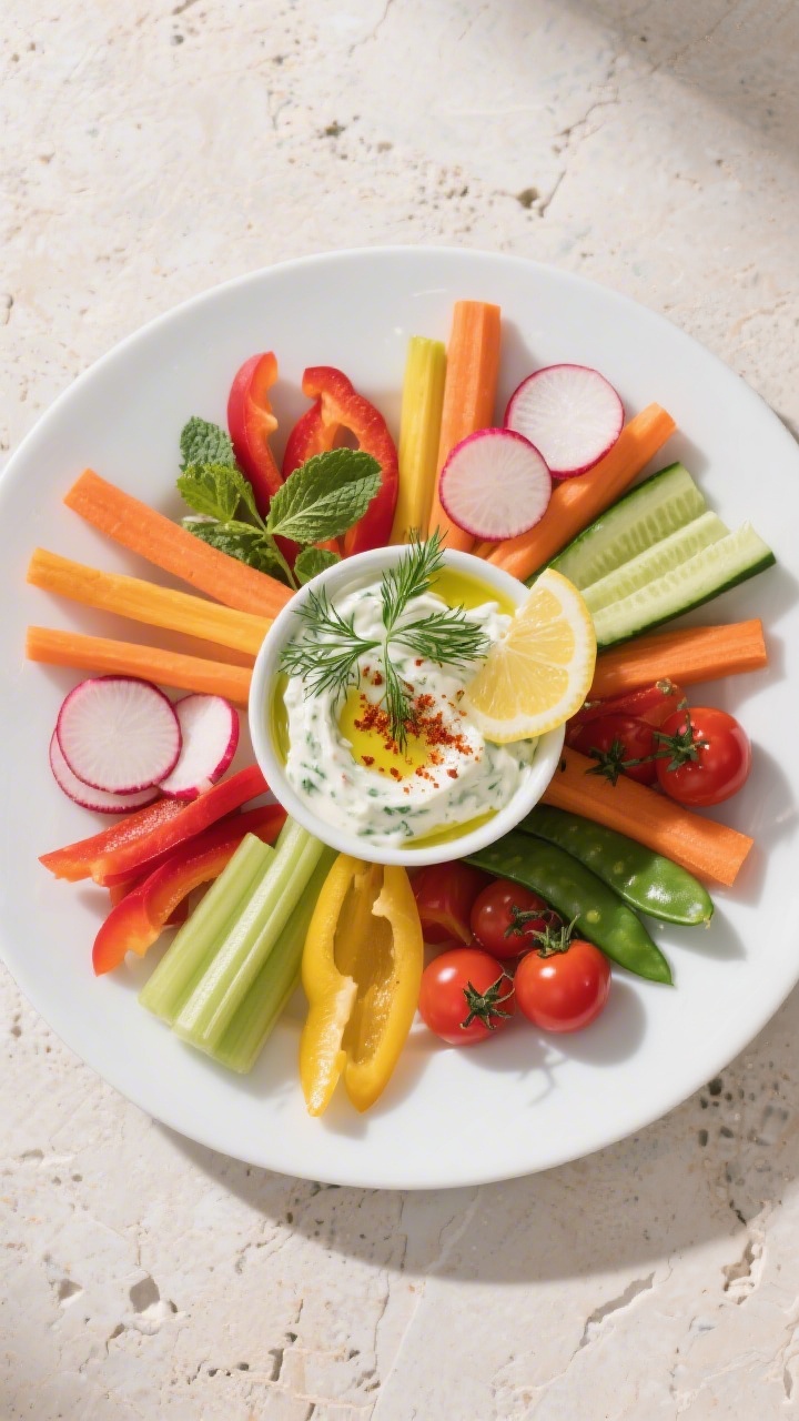 Final plated dish (tasty top view): overhead platter of tzatziki with veggie sticks—carrot, cucumb