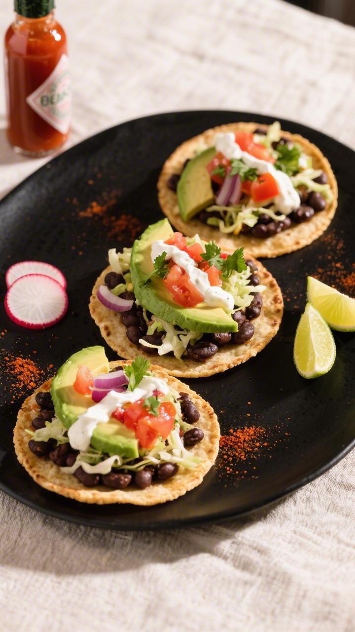 Final plated dish, top view: A trio of finished black bean tostadas arranged on a matte black plate,
